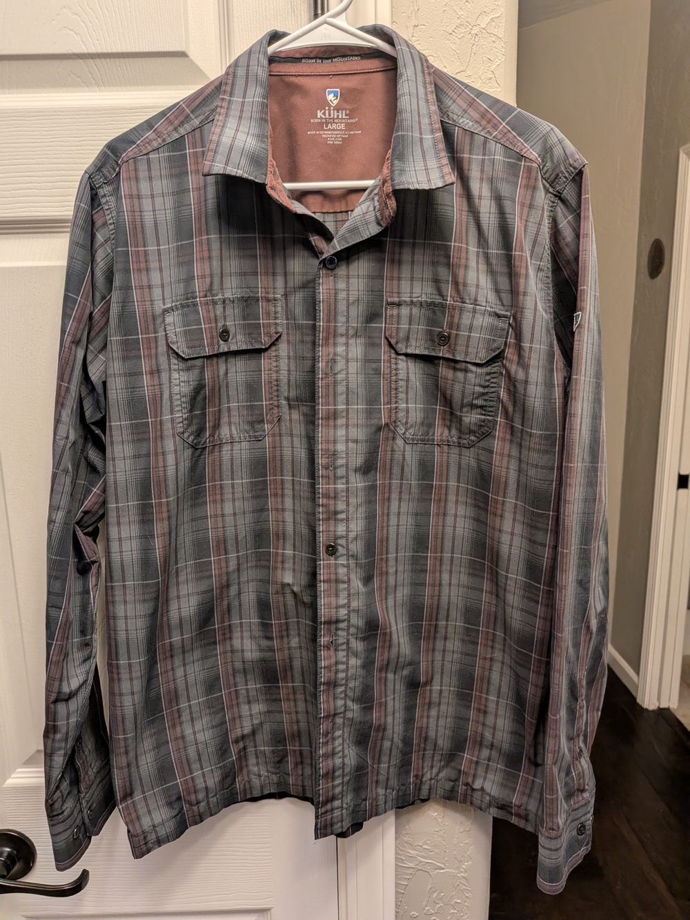 Kuhl Men's Plaid Button-Up Shirt in Gray and Mauve